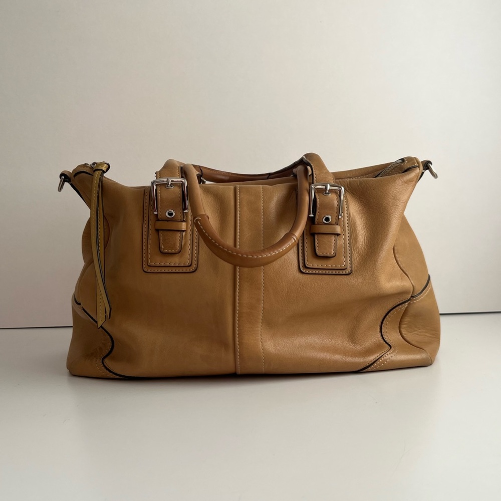 Vintage Coach Sand Leather Satchel Handbag Tote with Contrast Trim